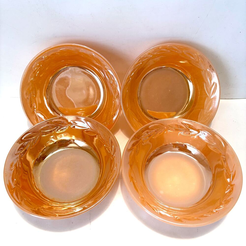 Vintage Fire-King Peach Lustre Laurel 4.75" Berry Dessert Bowls Set of 4 USA
